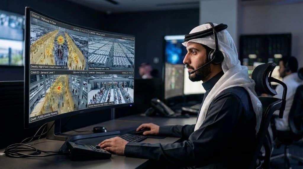 Operator monitoring AI-powered crowd density feeds across multiple camera views in a control room